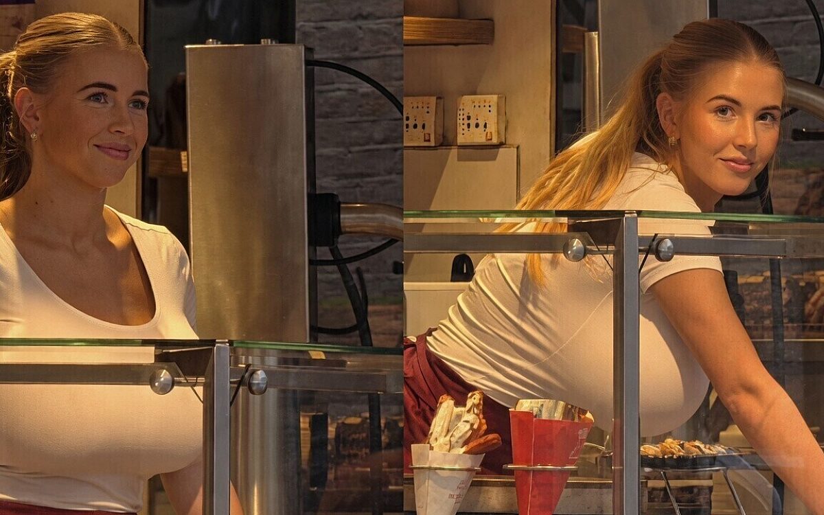 Blonde snackbarmedewerkster trekt veel bekijks dankzij haar opvallende figuur