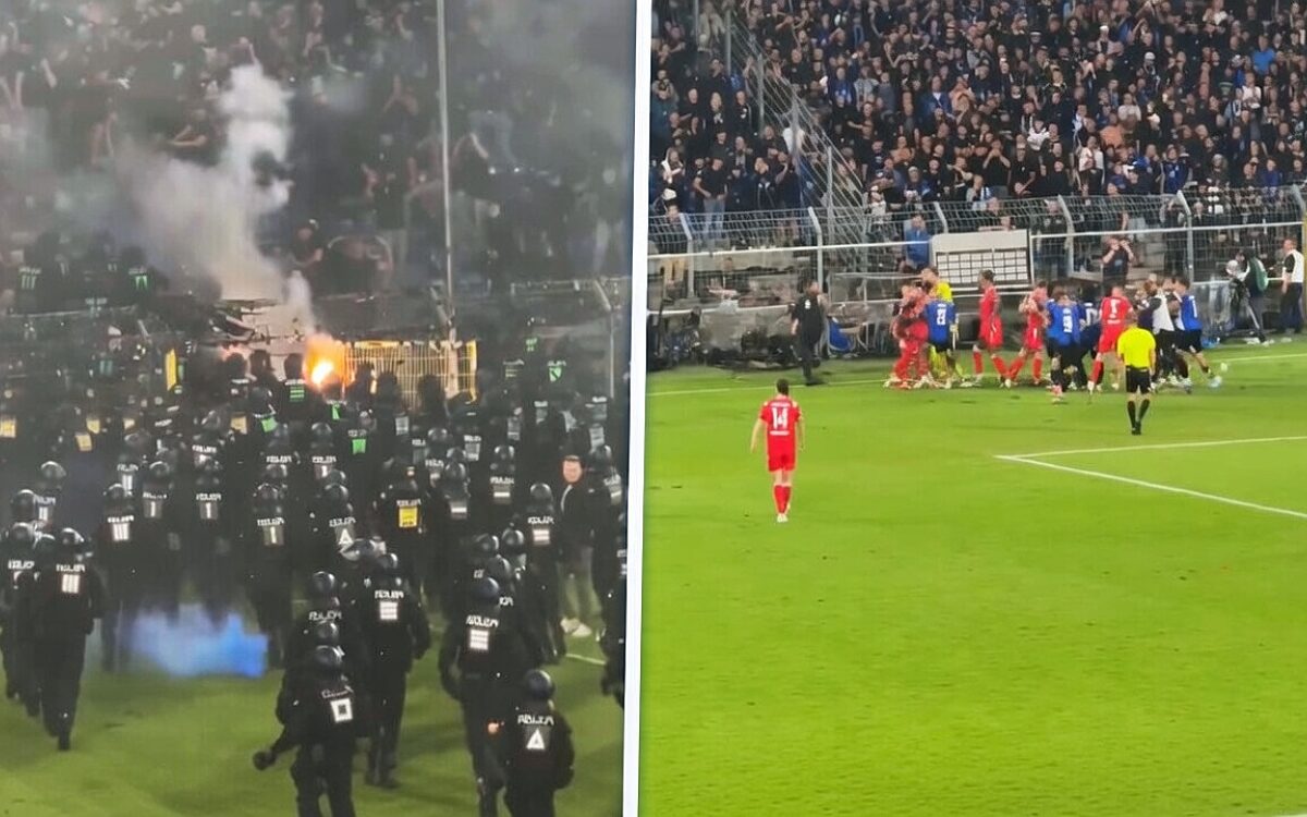 Tientallen agenten gewond bij Duits voetbalduel, spelers met elkaar op de vuist