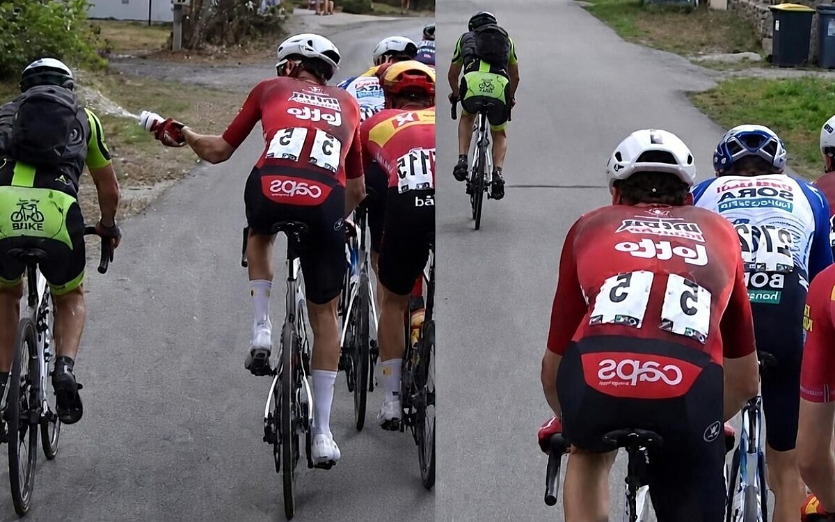 Verdwaalde amateurwielrenner krijgt volle bidon van Liam Slock in het gezicht gespoten