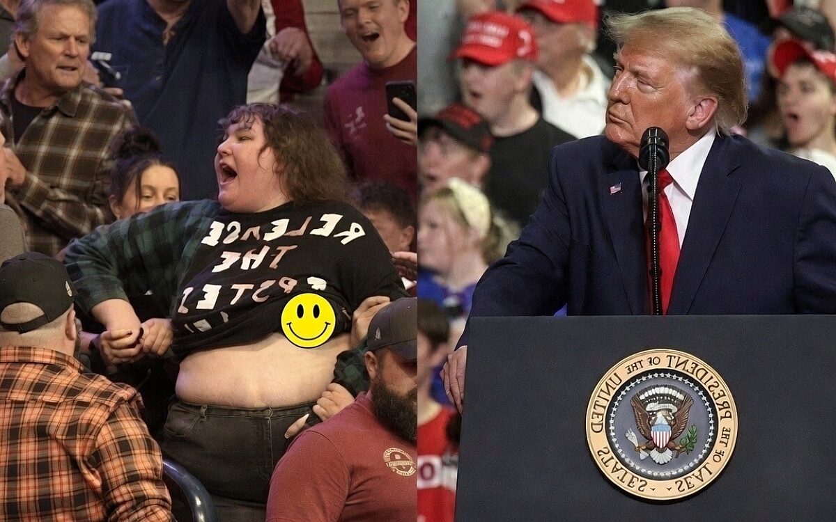 BEKIJK: Publiek deelt harde klappen uit aan demonstrante bij bijeenkomst van Trump