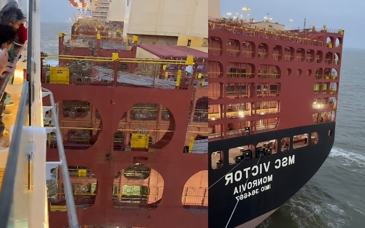 Mein Schiff 3 raakt containerschepen tijdens vertrek uit haven van Bremerhaven
