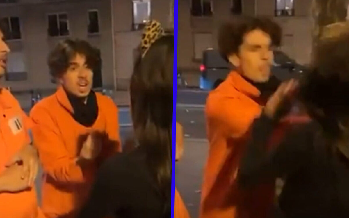 Man in gevangenispak duwt meisje tegen de vlakte op Halloween-avond
