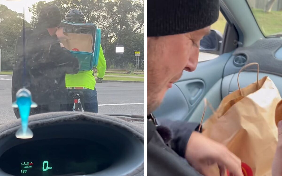 Video: Komiek improviseert en ontvreemdt maaltijd van bezorger bij stoplicht