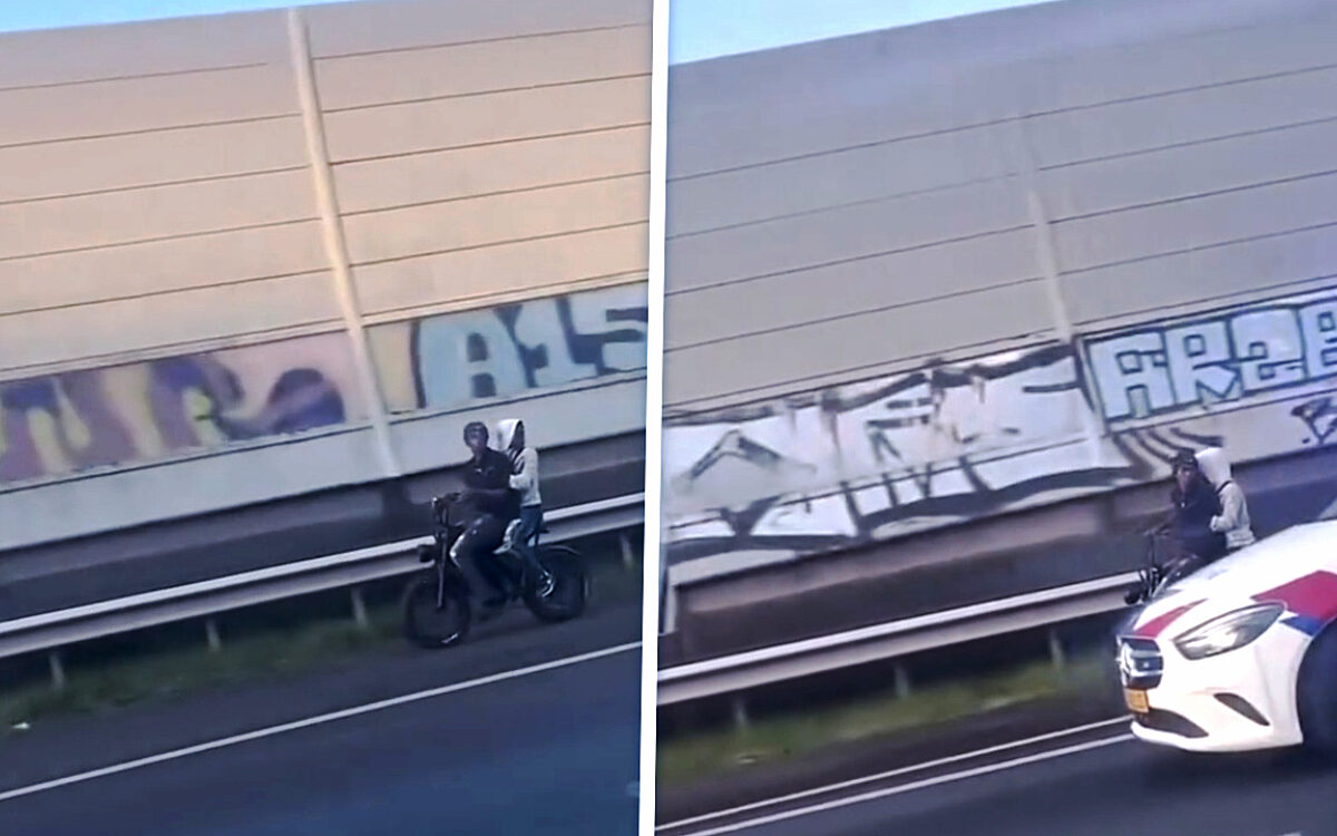 Roekeloze tieners scheuren met fatbike over de vluchtstrook op de A16
